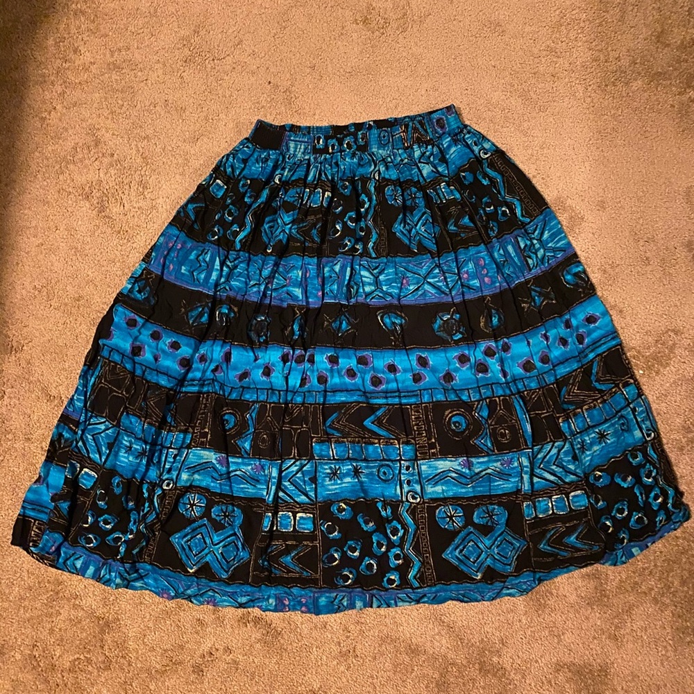 80s VINTAGE Flowy Skirt • Blue Pattern • Large